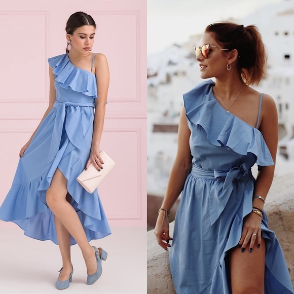 NWT SANDRO Cotton Poplin Sleeveless One Shoulder Ruffle Trim Faux Wrap‎ Dress L - Picture 4 of 9